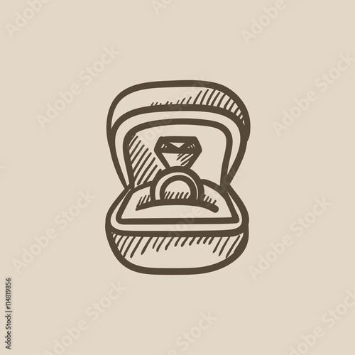 Wedding ring in gift box sketch icon.