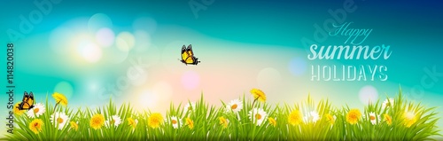 Happy summer holidays banner with flowers, grass and butterflies