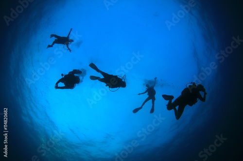 Scuba diving. Group of divers descend, silhouette 