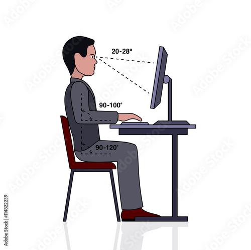 infographics correct posture at the computer silhouette of a man at a table on a white background