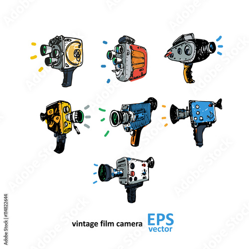 Vintage video camera drawing on a white background