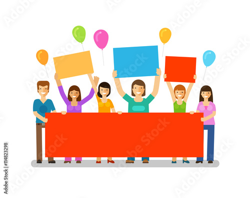Holiday. Happy birthday. Corporate party, celebration or festival vector icon. Friends with a congratulatory banner in hands