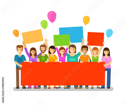 Friends with a congratulatory banner in hands. Holiday. Happy birthday. Corporate party, celebration or festival vector icon