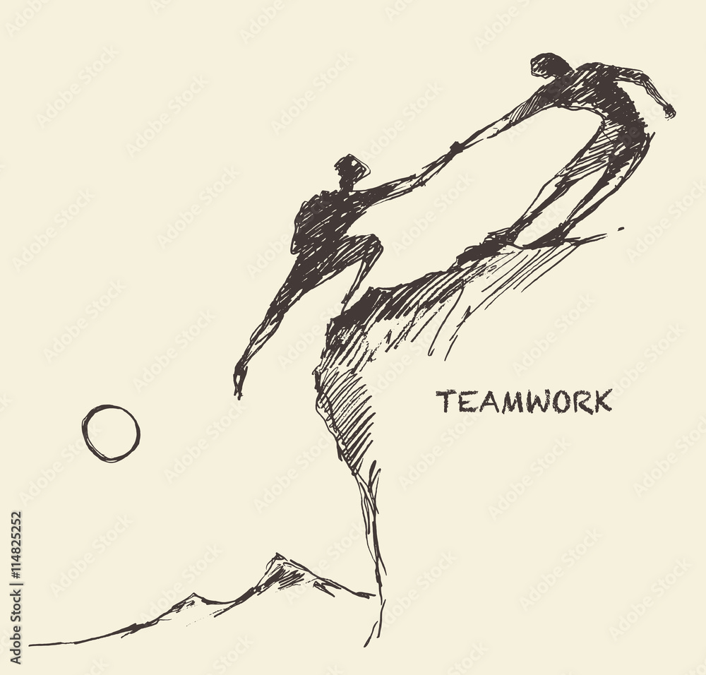 Draw helping man climb teamwork partnership sketch