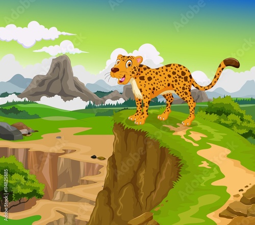 funny cheetah cartoon with beauty mountain landscape background