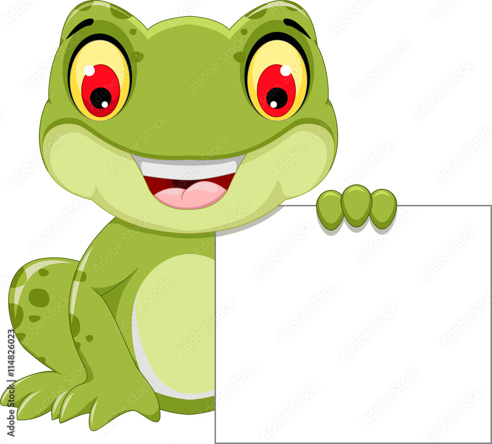 Naklejka premium funny frog cartoon holding a blank sign