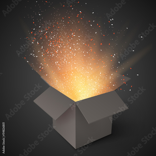 Illustration of Realistic Magic Open Box. Magic Gift Box with Magic Light Comming from Inside