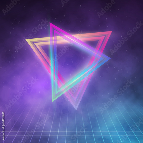 Illustration of Retro Party 1980 Neon Poster. Retro Disco 80s Background with Triangles, Flares, Partickles