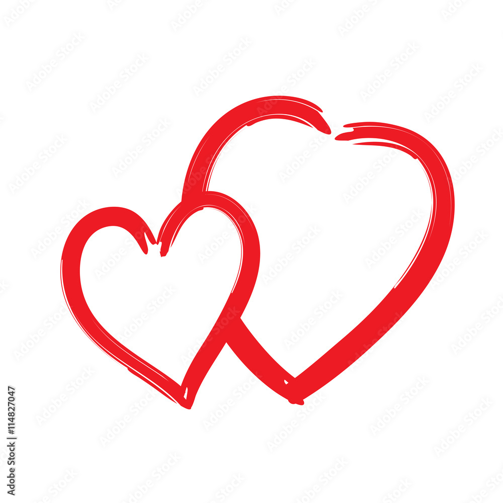 Red hearts icon. Brush texture shape sign isolated on white background. Symbol of romantic, love, passion. Drawing design element for Valentine day, holiday or greeting, decoration Vector illustration