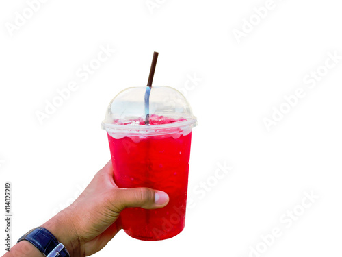 Hand holding give big red ice cup on white.