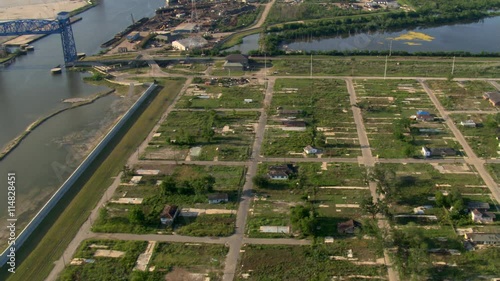 Wide aerial view of remains of residential neighborhood after Hurricane Katrina, New Orleans, Louisiana