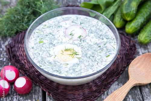 Russian spring-summer cold soup with vegetables with kefir. Okroshka