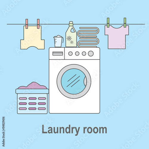 Laundry room for washing and drying items. Laundry room with washing machine, linens and laundry facilities. Vector illustration.