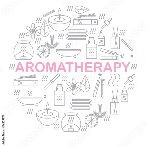 Aromatherapy. Round banner with icons aromatherapy. Icons for relaxation and spa. Vector illustration.