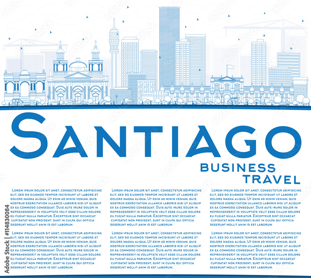 Outline Santiago Chile Skyline with Blue Buildings and Copy Spac