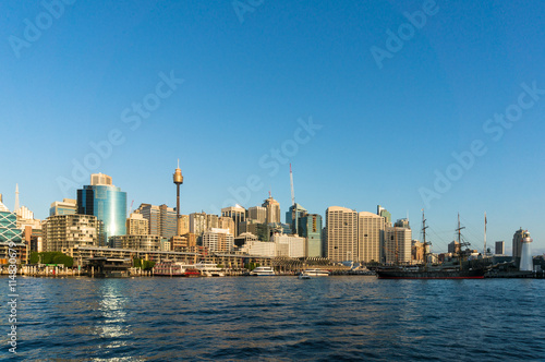 Sydney CBD view of Darling Harbour, Tall Ship, Cockle bay Wharf and Sydney Tower. Office, commercial and residential skyscraper buildings of Sydney Central Business District
