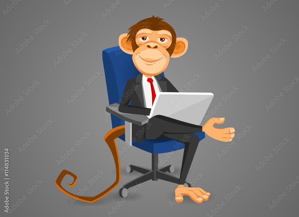 Monkey businessman working with a laptop