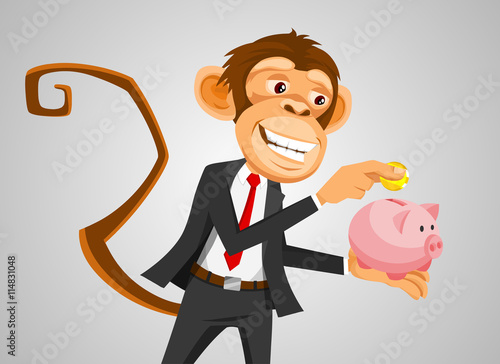 Monkey businessman money into the piggy bank