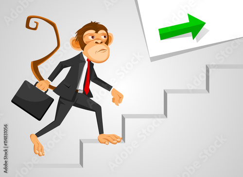 Monkey businessman running up stairs