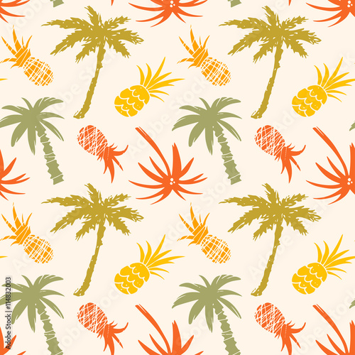 Seamless pattern with palm trees, pineapples