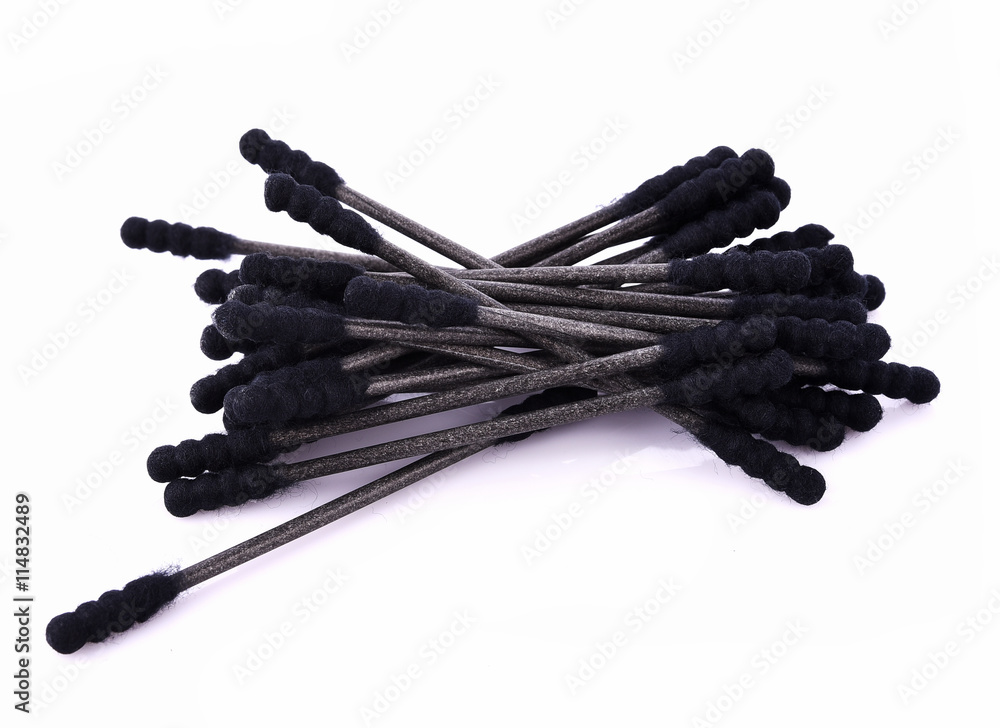 Cotton buds black plastic on white background Cotton buds black plastic on white background
