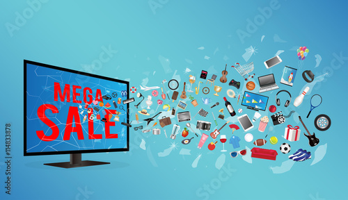 broken screen television with mega sale and general object floating