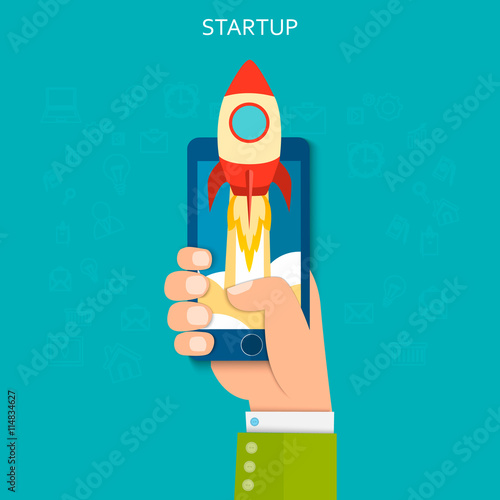 Start up concept. Flat illustration of hand holding phone with with spaceship.