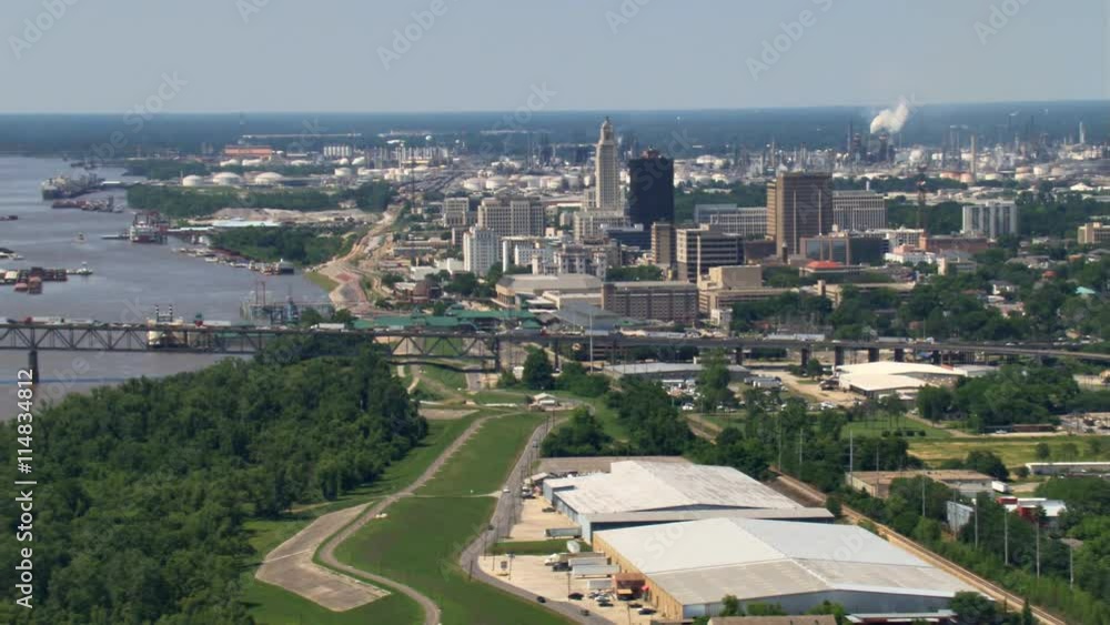 Downtown Baton Rouge, Louisiana, viewed from flight crossing Mississippi River. Shot in 2007. Downtown Baton Rouge, Louisiana, viewed from flight crossing Mississippi River. Shot in 2007.