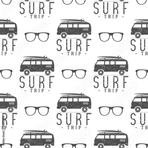 Vector Surfing Seamless pattern with surfing glass. Surfer van, glasses elements. Surfing rv wallpaper printing design. Surfing combi. Summer print, background texture. Surf vacation trip. Silhouette