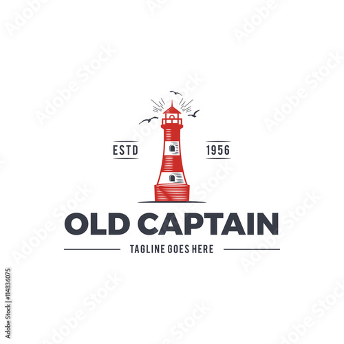 Nautical logo design, icon Old captain emblem with sea elements - lighthouse, seagulls, sunburst. Sailing label or badge. Use for web projects, printing on t-shirt. Isolated on white background