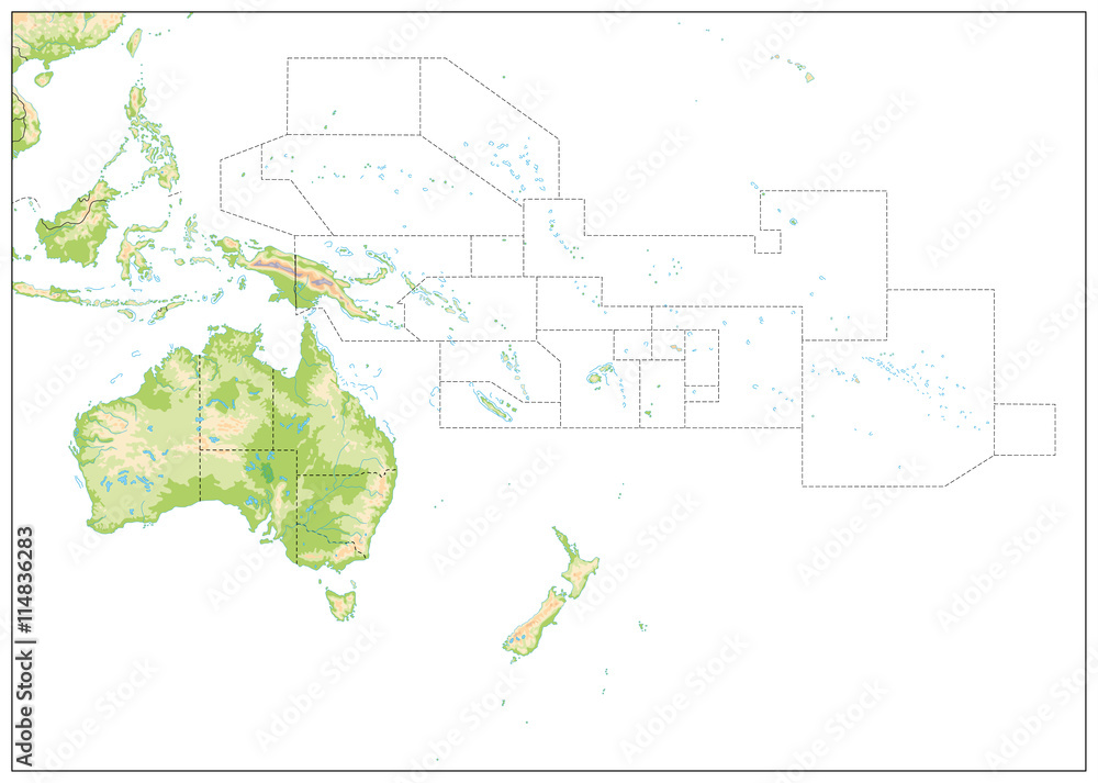 Blank Relief Map of Oceania isolated on white