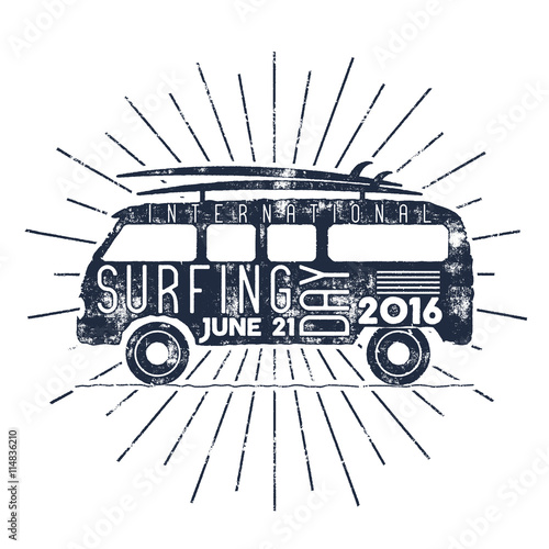 Surfing day typography label. Vector Vacation typographic emblem with star bursts. Surfer party retro badge with surf symbols - retro rv and surfboards. For web, tee design, t-shirt printing