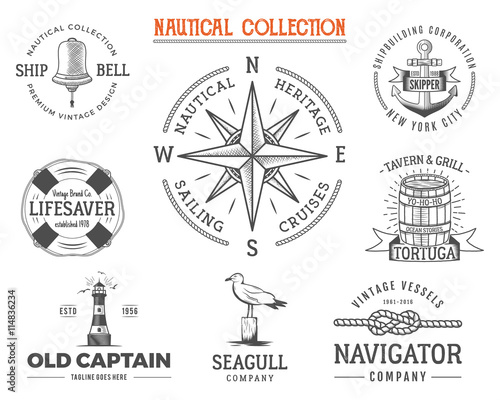 Vintage nautical stamps set. Old ship retro style. Sailing labels, emblems illustration.  graphic symbols - rope, wind rose, anchor. Vector  sketch design. Adventure lifestyle