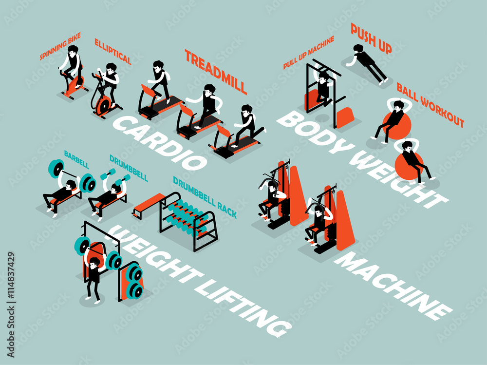 beautiful isometric flat design of info-graphic workout in gym, info-graphic workout isometric design concept beautiful isometric flat design of info-graphic workout in gym, info-graphic workout isometric design concept