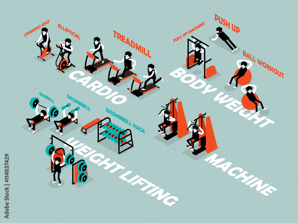 beautiful isometric flat design of info-graphic workout in gym, info-graphic workout isometric design concept