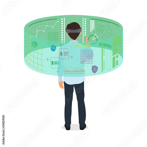 Virtual reality. New technologies and on line shopping. Mobile and computer systems. Devices. Vector flat illustration