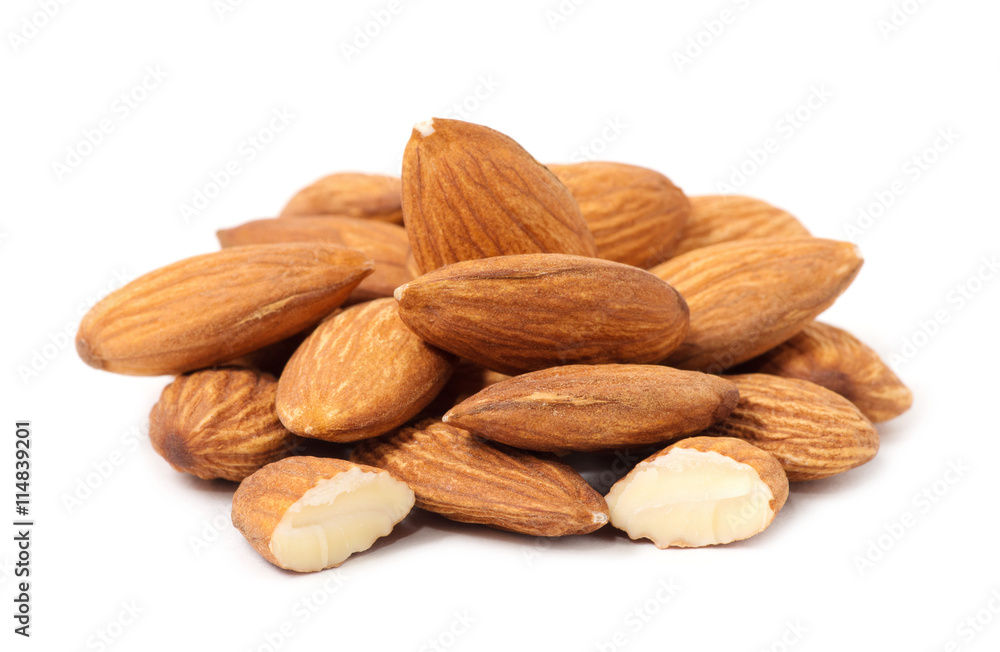 Heap of almond nuts isolated on white background Heap of almond nuts isolated on white background