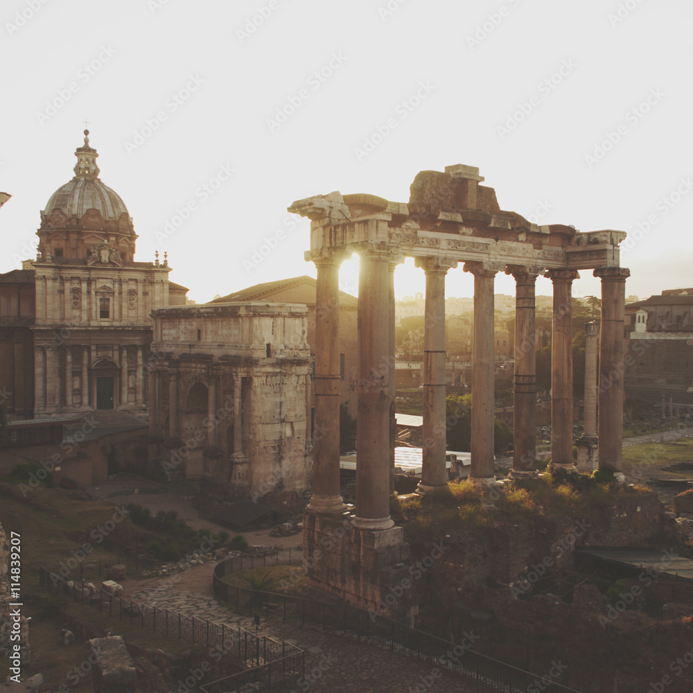 Roman Forum during sunrise in Rome, Italy.