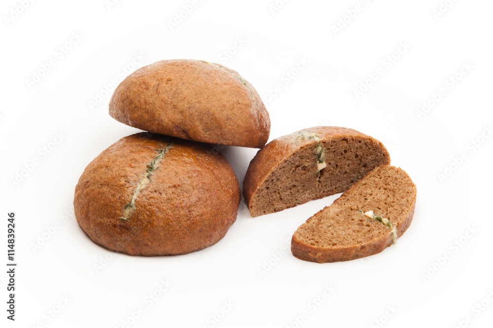 Brown breads with cheese filling on white background Brown breads with cheese filling on white background