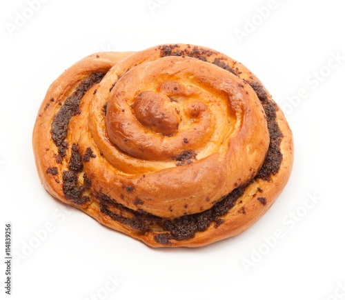 Bun with chocolate on white background