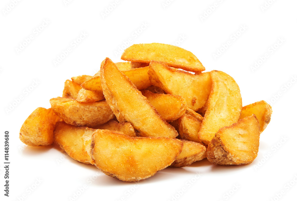 Fried Potato wedges. Fast food. Isolated on white Fried Potato wedges. Fast food. Isolated on white
