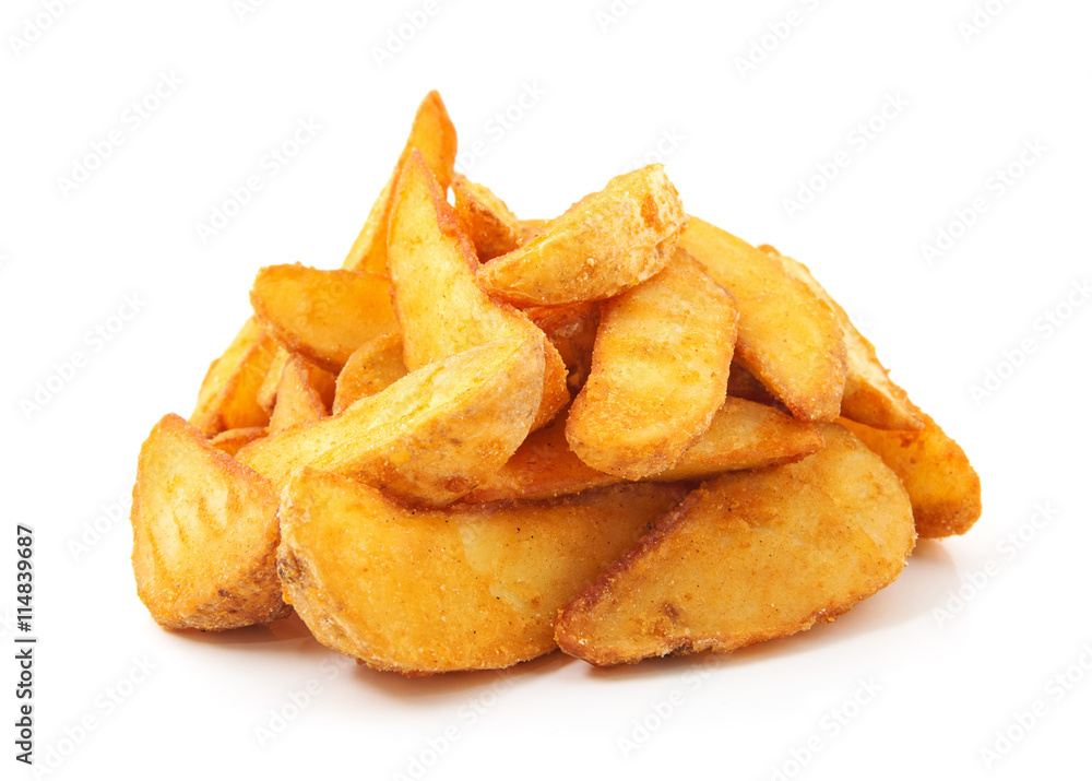 Fried Potato wedges. Fast food. Isolated on white