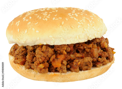 Sloppy joe sandwich in a sesame seed covered bread roll isolated on a white background
