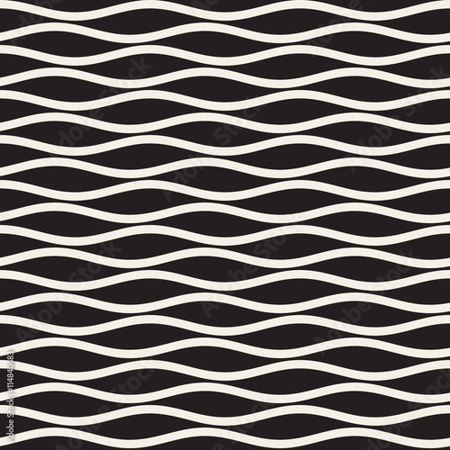 Vector Seamless Black And White Horizontal Wavy Lines Pattern