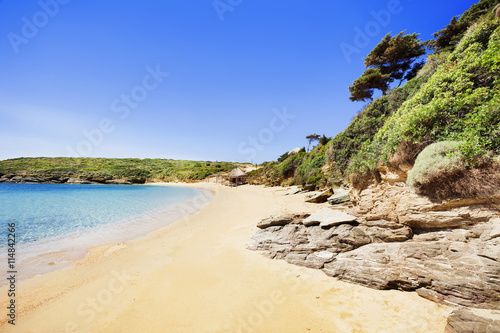 Beautiful beach in Batsi village, Andros island, Cyclades, Greece