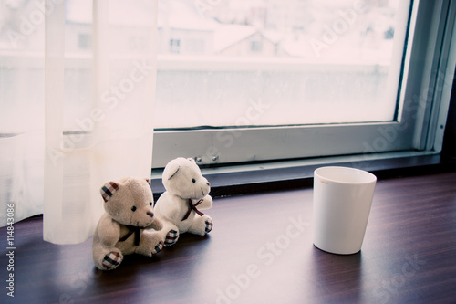 Lovely couple bear, Alarm clock, white plastic cup photo