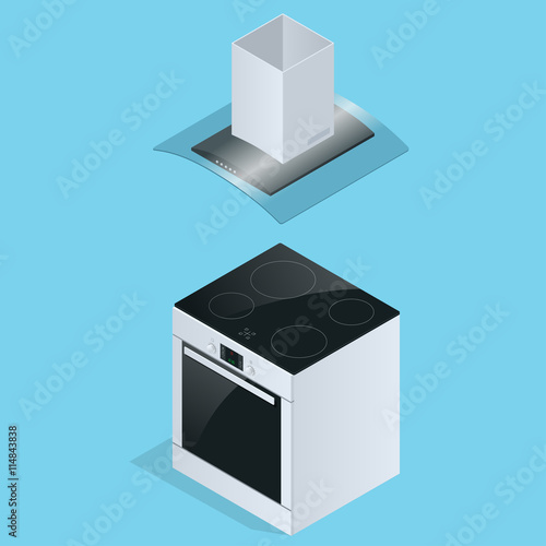 Extractor hood and Electric stove for kitchen illustration isolated on white background. Extractor hood icon. Flat 3d vector isometric illustration.