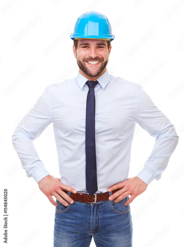Happy engineer in blue shirt and helmet Happy engineer in blue shirt and helmet