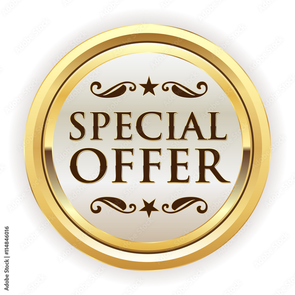 White special offer button, badge with gold border White special offer button, badge with gold border