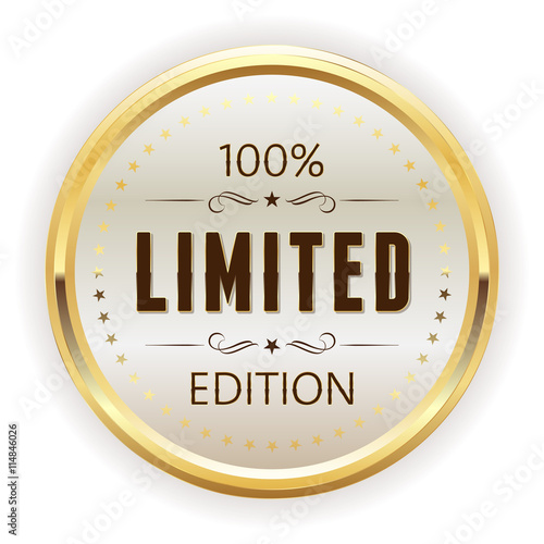 White limited edition button, badge with gold border